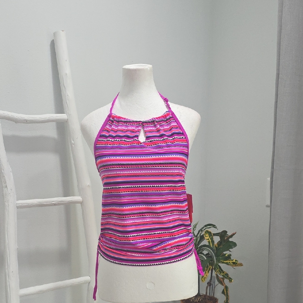 Pink Striped Halter Ruched Swim Top